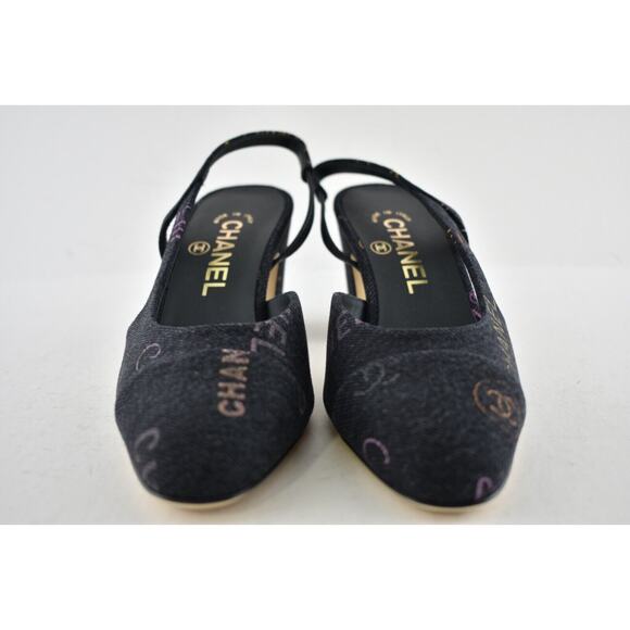 Chanel 22P Mademoiselle Coco Sling CC Black Grey Denim Slingback Sandal Heel 40 - Picture 6 of 12
